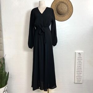 S DEER Concept Black Pleated Surplice V-Neck Long Sleeve Maxi Wrap Dress Small